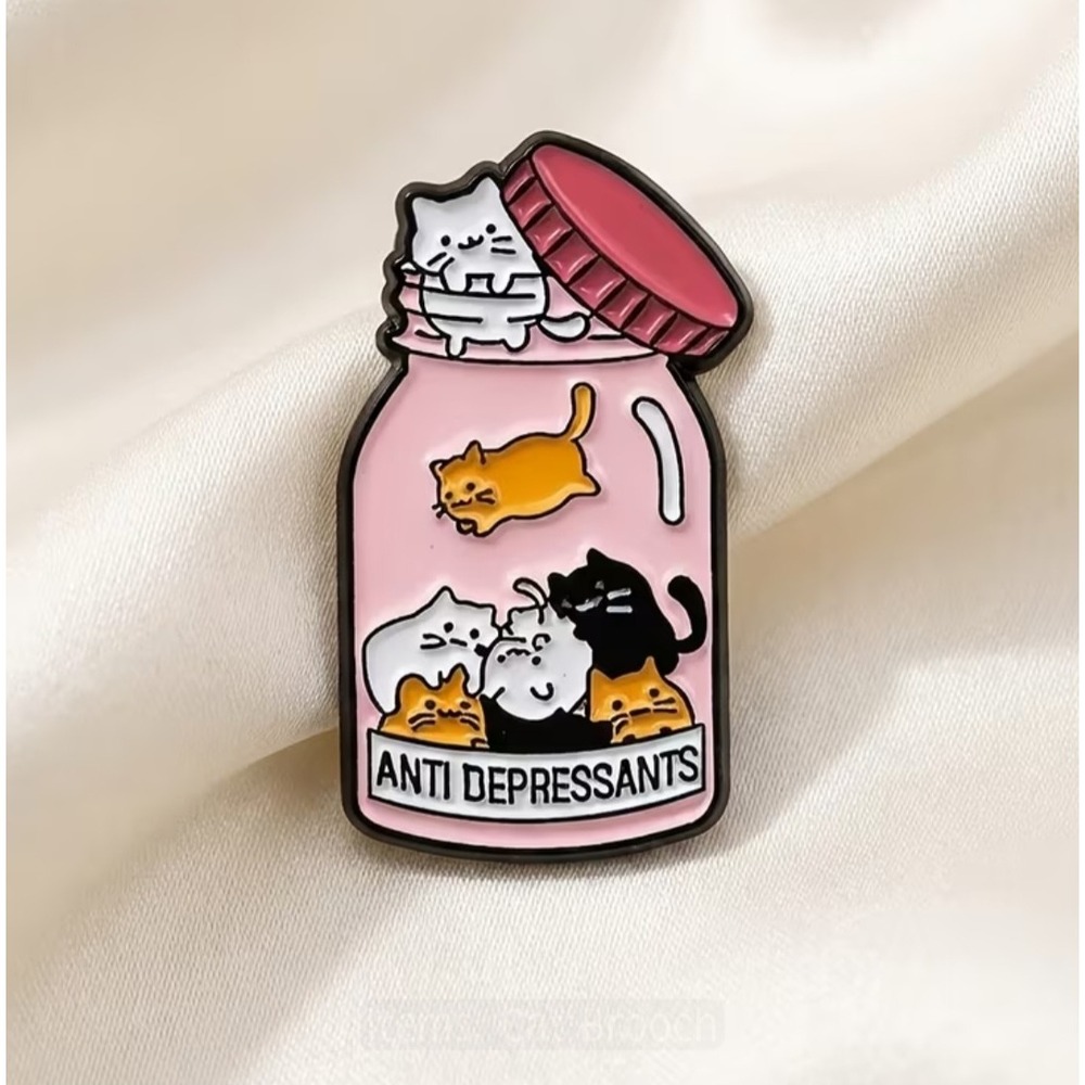 Anti Depressants Cat Jar Enamel Pin Pink Funny Mental Health Kitten Brooch